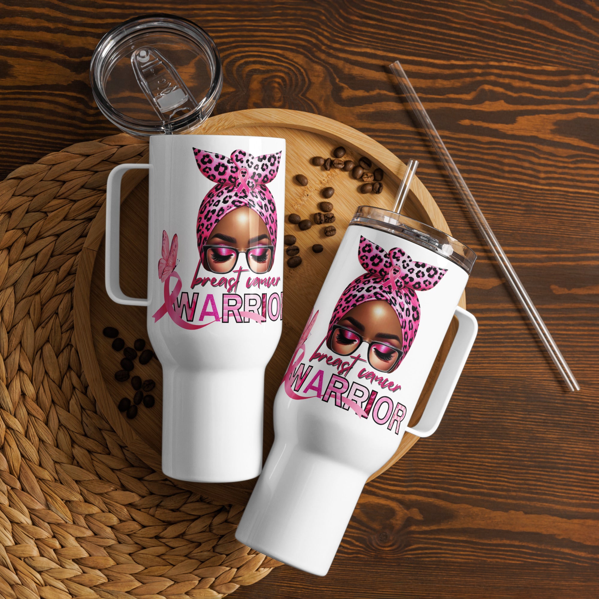 Breast Cancer Warrior Travel mug with a handle